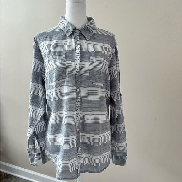 Columbia grey and white striped button down blouse. - Picture 1 of 6